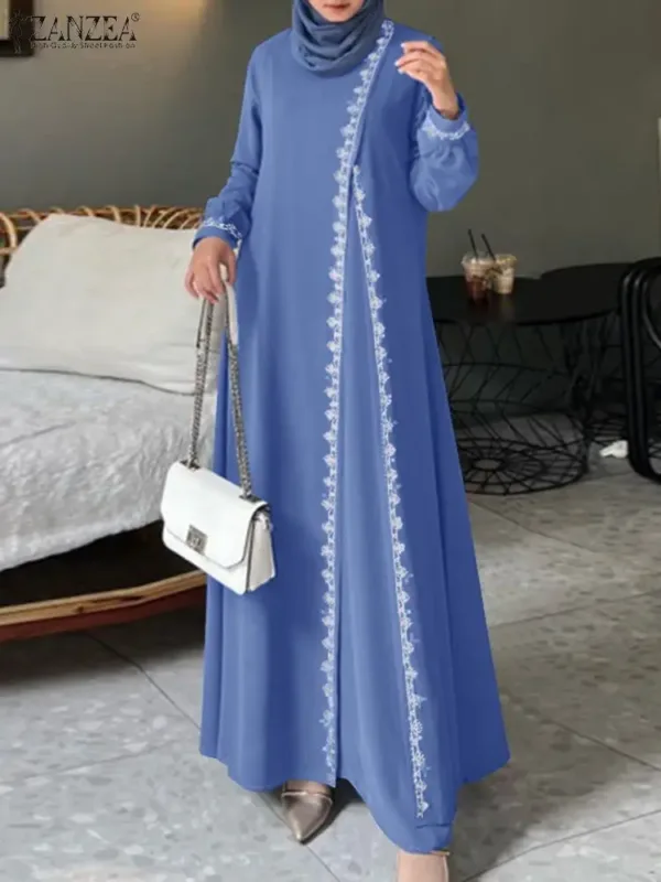 ZANZEA Spring Lace Crochet Maxi Dress Muslim Turkey Abaya Elegant Loose Vestidos Women Long Sleeve O Neck IsIamic Robe Kaftan - Image 2