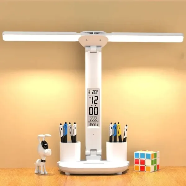 LED Clock Table Lamp USB Chargeable Dimmable Desk Lamp 2 Heads 180 Rotate Foldable Eye Protection Reading Night Light - Image 3