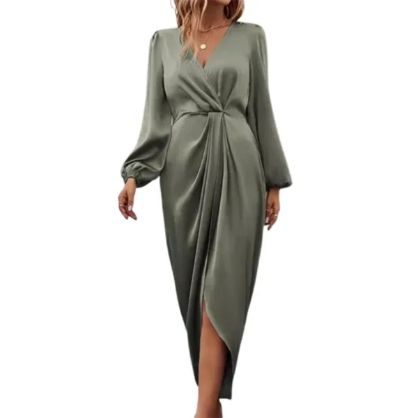 Beautyblue Womens Dresses V-neck Long Sleeve Party Dress 2025 Elegant Pleated Cross Collar Irregular Puff Sleeves Satin Robes - Image 2