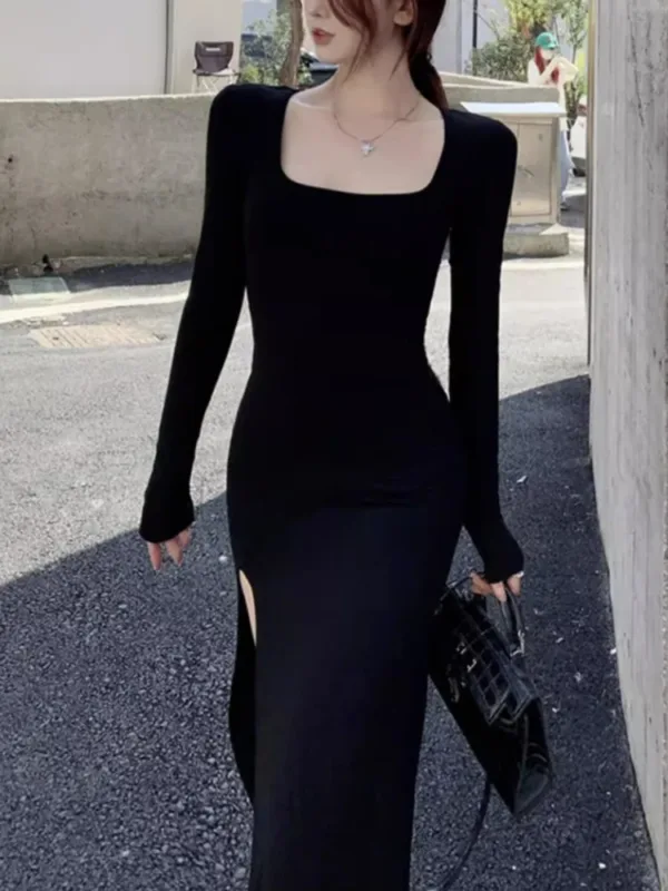 Sexy Side Slit Dress for Women Tight-fitting Wrap Hip Over-the-knee Long Sleeved Dresses Black Street Bodycon Spring Autumn - Image 6