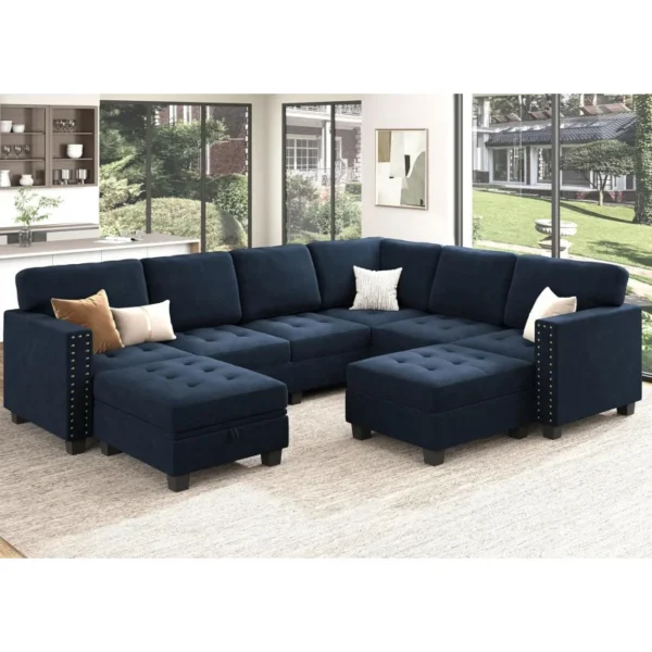 Velvet Modular Sectional sofa, Convertible L Shaped couch with Storage Top Tray Ottoman Corner,Dark Blue - Image 2
