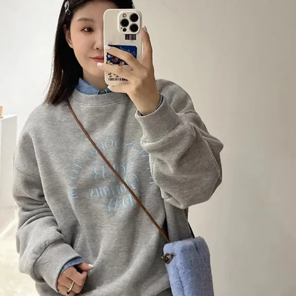 Korean Letter Print Round Neck Long Sleeve Loose Casual Sweatshirt For Women - Image 5