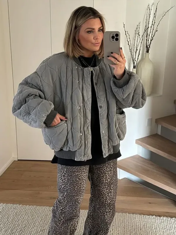 Quilted Single Breasted Grey Women's Cotton Jacket Casual Pocket Stand Collar Long Sleeved Coats Fall Winter Commuting Outerwear - Image 5
