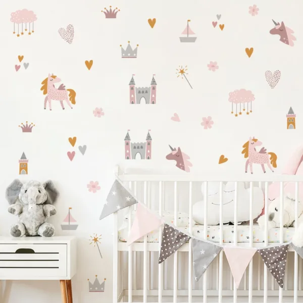 Boho Pink Cartoon Unicorns Castle Clouds Love Watercolor Wall Stickers for Kids Room Baby Nursery Room Wall Decals Home Decor