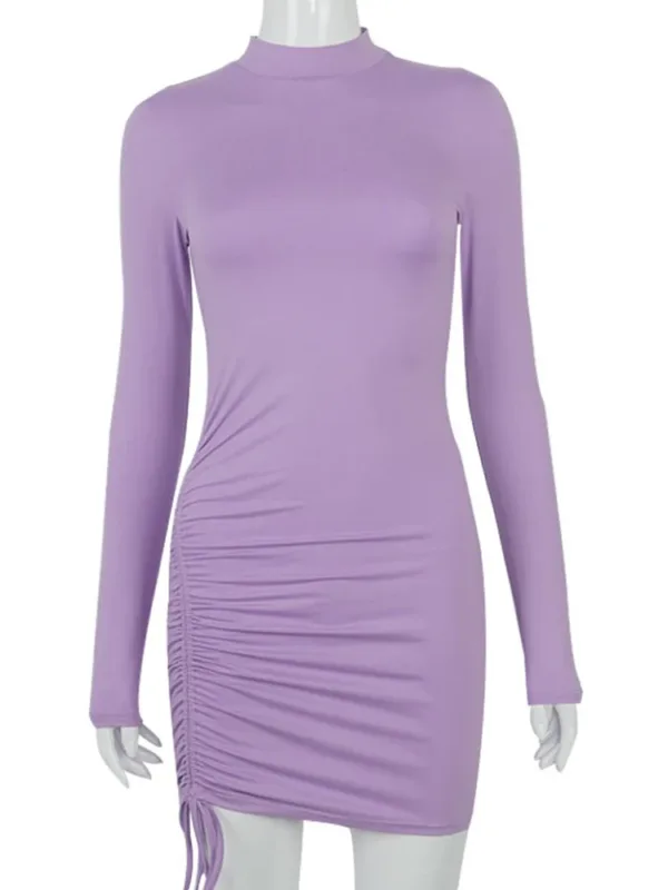 Long Sleeve Ruched Bodycon Dress Women Turtleneck Bandage Mini Dresses Autumn Black Skinny Stretchy Party Vestidos - Image 2