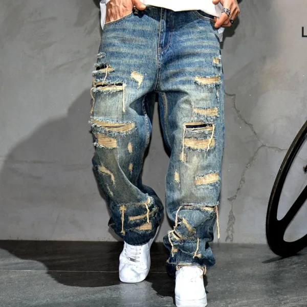 American Streetwear Hand Sewn Patch Ripped Jeans For Men Skateboard Baggy Denim Straight Leg Pants Harajuku Fashion Trousers - Image 2
