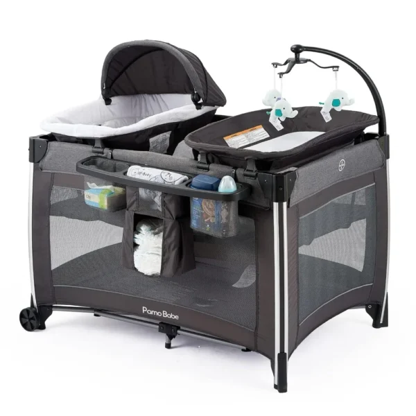 4 in 1 Portable Baby Crib Deluxe Nursery Center, Foldable Travel Playard with Bassinet, Mattress, Changing Table for Newborn, - Image 2