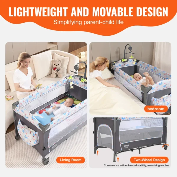 VEVOR Baby Bassinet 77 pounds Load Capacity Easy to Fold Portable Baby Bassinet Bedside Sleeper with Storage Basket and Wheels - Image 2