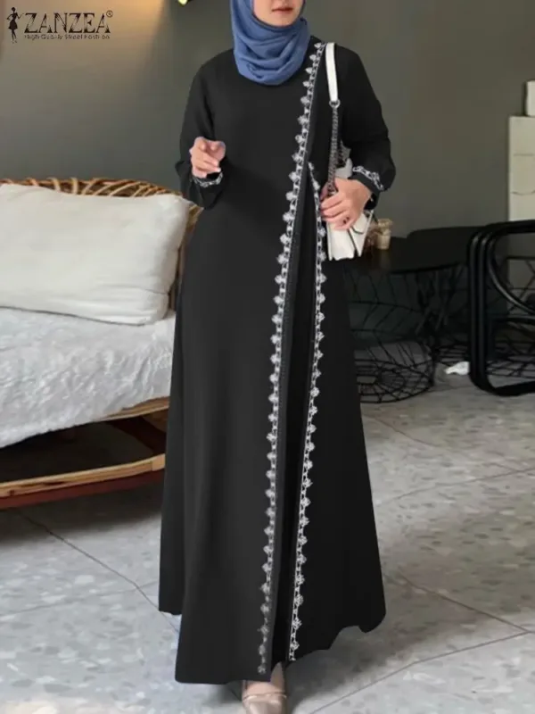 ZANZEA Spring Lace Crochet Maxi Dress Muslim Turkey Abaya Elegant Loose Vestidos Women Long Sleeve O Neck IsIamic Robe Kaftan - Image 4