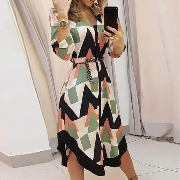 2024 Women's Autumn New Fashion and Elegant Commuter Print V-neck Lace up Long Sleeve Slim Fit Mid length Dress - Image 5