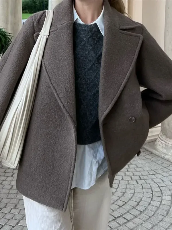 Women Autumn Winter Solid Double Breasted Wool Coat Lapel Long Sleeves Short Blazer Jacket Fashion Lady Warm Chic Outerwear - Image 4