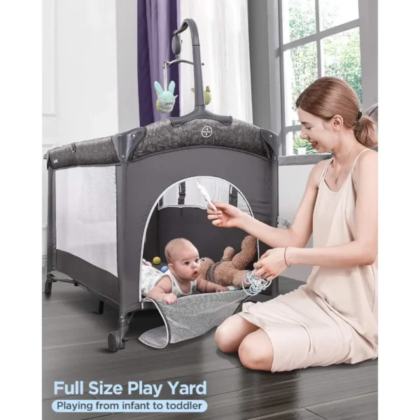 Baby Bassinet Bedside Crib, Pack and Play with Mattress, Diaper Changer and Playards from Newborn to Toddles, Grey - Image 4