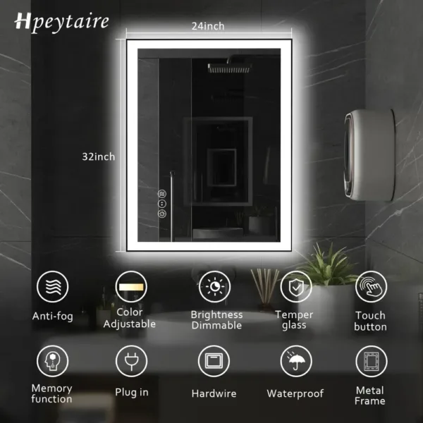 LED Bathroom Mirror, 32"x24" Black Aluminum Vanity , Stepless Dimmable Lighted Mirror Anti-Fog, 3 Colors Wall Smart Mirror
