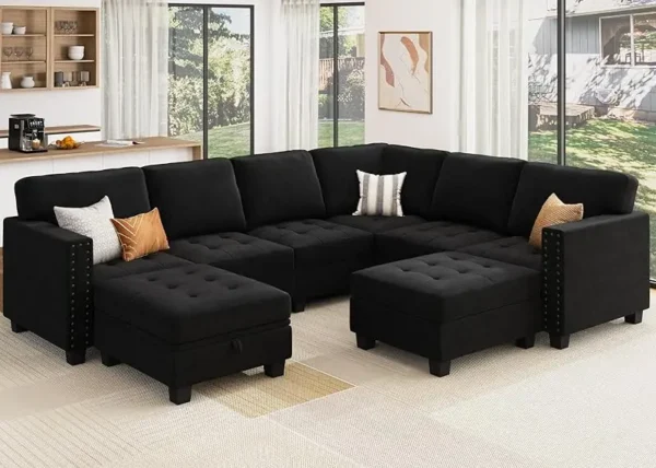 Velvet Modular Sectional sofa, Convertible L Shaped couch with Storage Top Tray Ottoman Corner,Dark Blue - Image 3