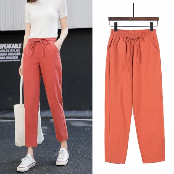 Womens Spring Summer Pants Cotton Linen Solid Elastic waist Candy Colors Harem Trousers Casual Female Pants - Image 4