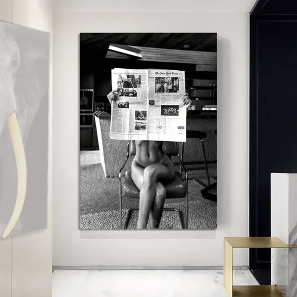 Black and White Nude Art,Woman Holding Newspaper Posters and Prints Vintage Wall Art Pictures for Bedroom Living Room Home Decor - Image 2