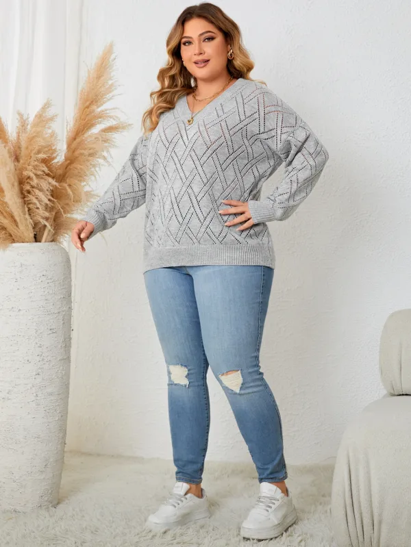 Spring Autumn Fashion Korean Style Casual Knitting Top Gray Long Sleeve V Neck Elegant Women's Plus Size Clothing Party Sweater - Image 3