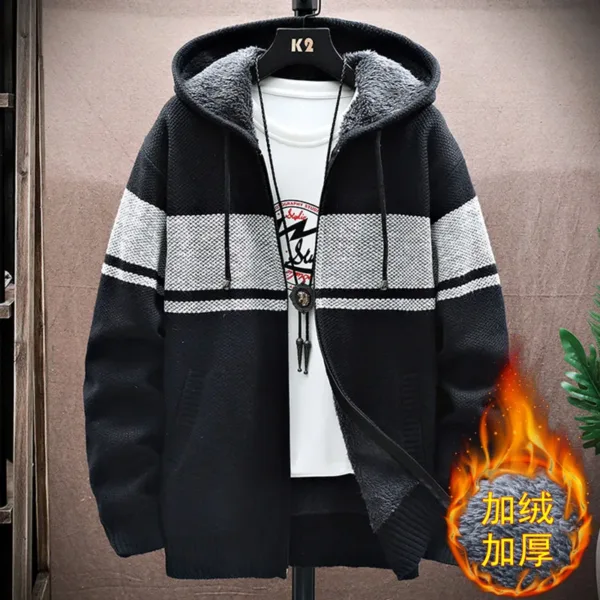 2023 Autumn Korean Hooded Men's Sweater with Thick and Velvet Men Cardigan Knitted Sweater Coat Stripe Jacket Male M-4XL MY03 - Image 2