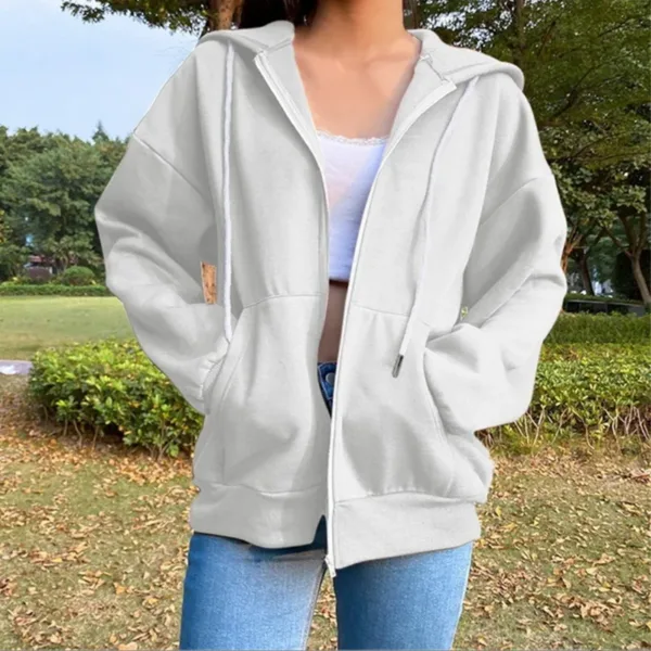 Autumn Fleece Hoodie Solid Color Hooded Korean Fashion Sweatshirts Long Sleeve Top Drawstring Pockets Loose Zipper Black Hoodies - Image 2