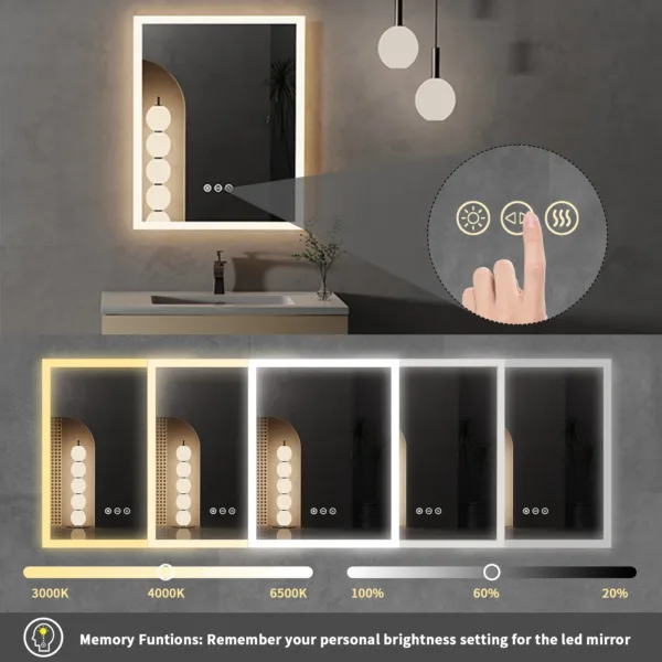 16x20 inch LED Lighted Bathroom Mirror with Anti-Fog, Wall Mounted Vanity Mirror with Smart Touch Button, Memory Function - Image 2