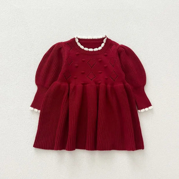 Korean Autumn Winter Baby Girls Dress Cotton Knittted Lantern Sleeve Ruched Princess Toddler Girls Dress Kids Girls Knitwears