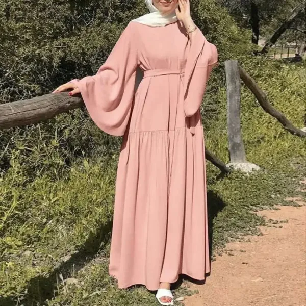 Long-sleeved Muslims Dubai Abayas Fashion O-neck Dress for Women Spring Solid Color Casual Robe Female Islam Clothes with Belt - Image 4