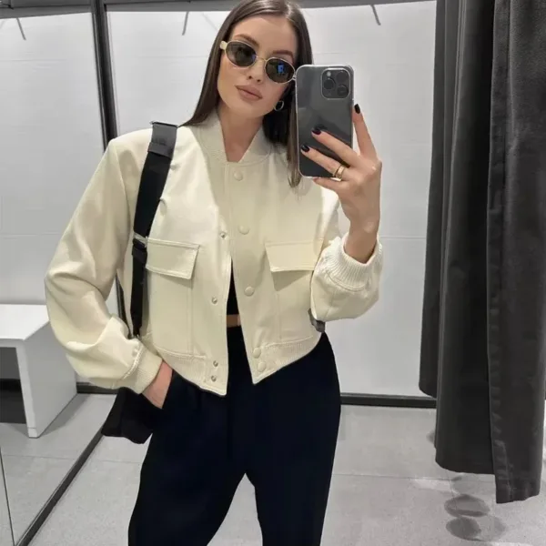 ASDS woman bomber jacket coat White autumn winter button baseball aviator cropped jackets for women long sleeve crop outerwear - Image 3