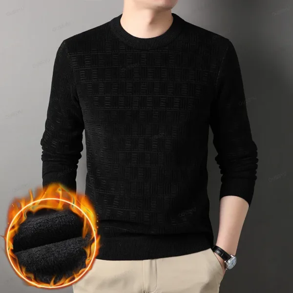 OUSSYU Winter Men's Warm Fleece Sweater O-Neck Embroidered Casual Knitted Inner Lap Pullovers Thick Thermal Underwear Sweater - Image 3