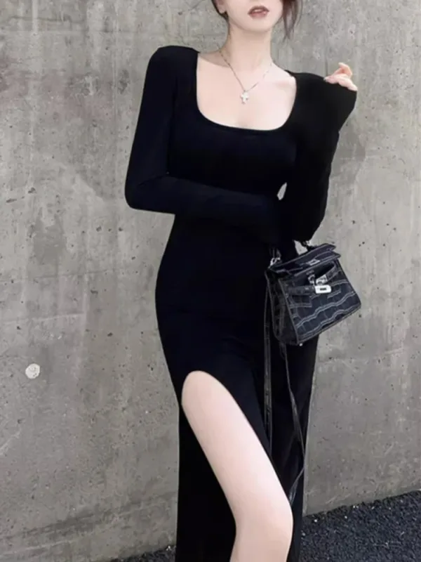 Sexy Side Slit Dress for Women Tight-fitting Wrap Hip Over-the-knee Long Sleeved Dresses Black Street Bodycon Spring Autumn - Image 2