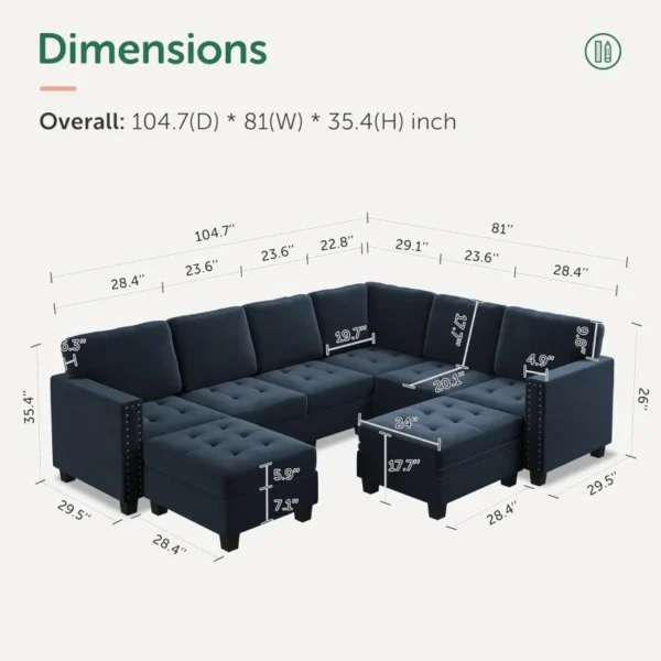 Velvet Modular Sectional sofa, Convertible L Shaped couch with Storage Top Tray Ottoman Corner,Dark Blue - Image 5