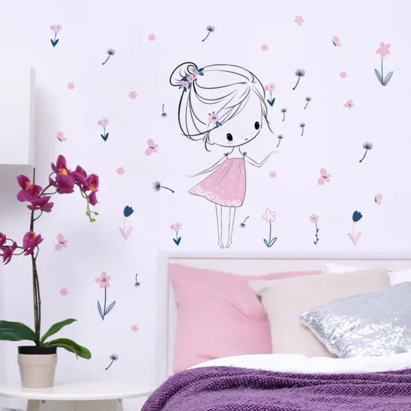 Pink Dress Little Girl Flower Butterfly Dandelion Wall Sticker Self-adhesive Removable Vinyl PVC Home Decor Living Room Bedroom - Image 8