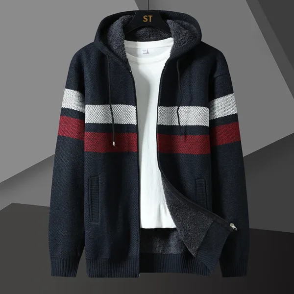 Winter Fleece Striped Cardigan Men Thick Warm Knitted Hooded Sweatercoat Mens Long Sleeve Casual Knitting Sweater Jacket Coats - Image 3