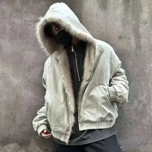Winter Retro American Woolen Collar Hooded Cotton Jacket Thick Plush Top Men Street Hip Hop Gothic Harajuku Oversize Jacket Coat - Image 2