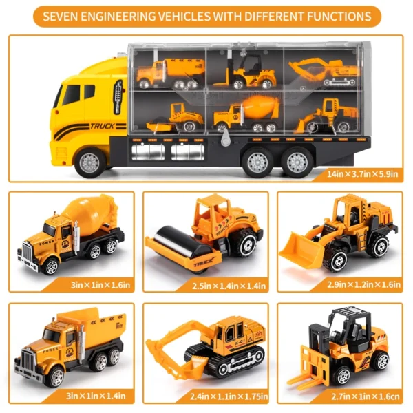 Big Construction Container Transporter Playset With 6PCS Mini Vehicle Carrier Truck Engineering Car Model Toys For Kids Gifts - Image 3