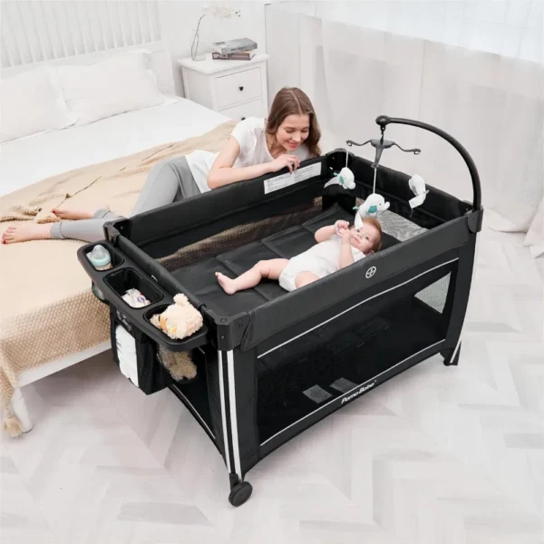 4 in 1 Portable Baby Crib Deluxe Nursery Center, Foldable Travel Playard with Bassinet, Mattress, Changing Table for Newborn, - Image 3