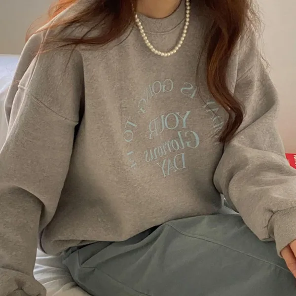 Korean Letter Print Round Neck Long Sleeve Loose Casual Sweatshirt For Women - Image 2