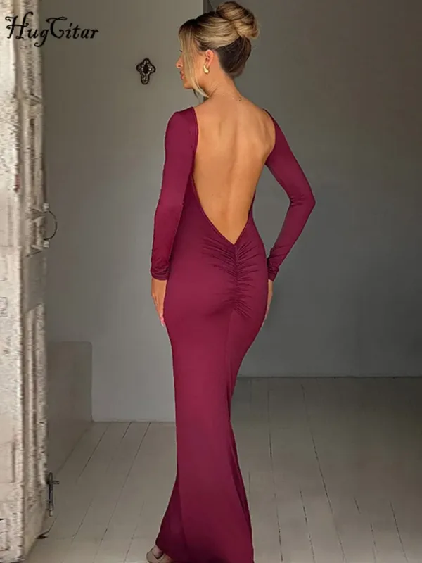 Hugcitar Spring Elegant Long Sleeve Backless Solid Cuched Sexy Bodycon Maxi Prom Dress Women Outfit Evening Party Festival Y2K - Image 8
