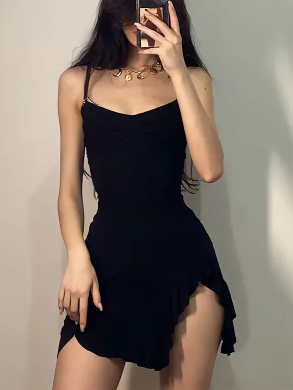 Sexy Mini Dress Women Summer New Black Sleeveless Strap Backless Folds Bodycon Split Dress Streetwear Elegant Party A-LINE Dress - Image 6