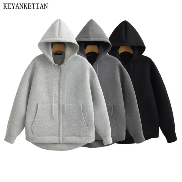 KEYANKETIAN Winter New Women's Zipper Hoodie High Street Unisex style Double Pockets Oversize Loose Sweatshirts Outerwear Top - Image 9