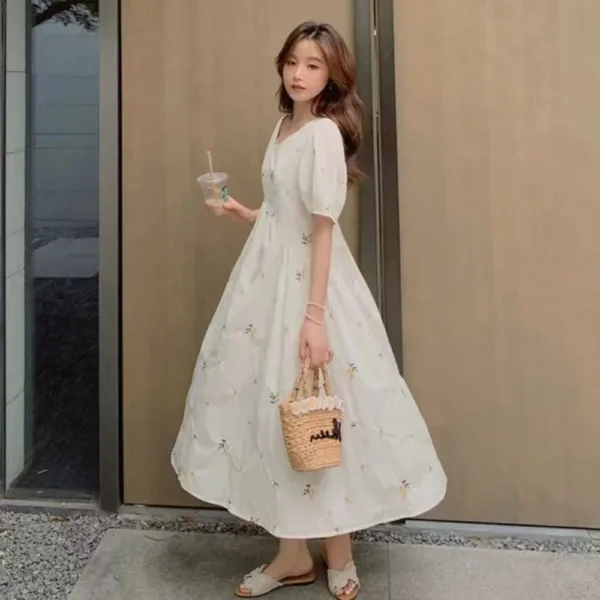 Pregnacy Dress Bowknot Dress Women Bubble Sleeves Chiffon Small Flower Printing Maternity Clothing Pregnant Woman Clothes - Image 3