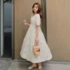 Pregnacy Dress Bowknot Dress Women Bubble Sleeves Chiffon Small Flower Printing Maternity Clothing Pregnant Woman Clothes