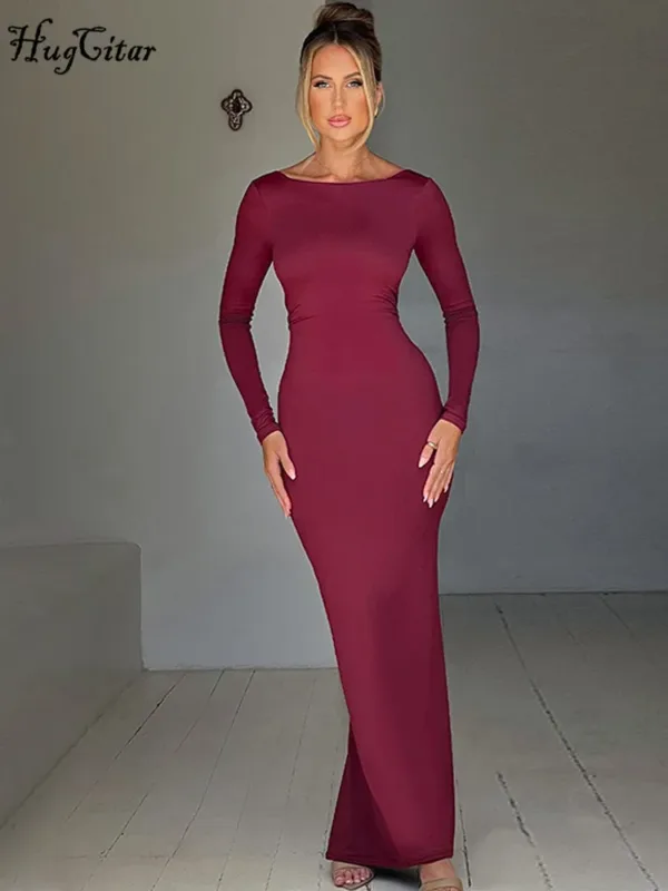 Hugcitar Spring Elegant Long Sleeve Backless Solid Cuched Sexy Bodycon Maxi Prom Dress Women Outfit Evening Party Festival Y2K - Image 3