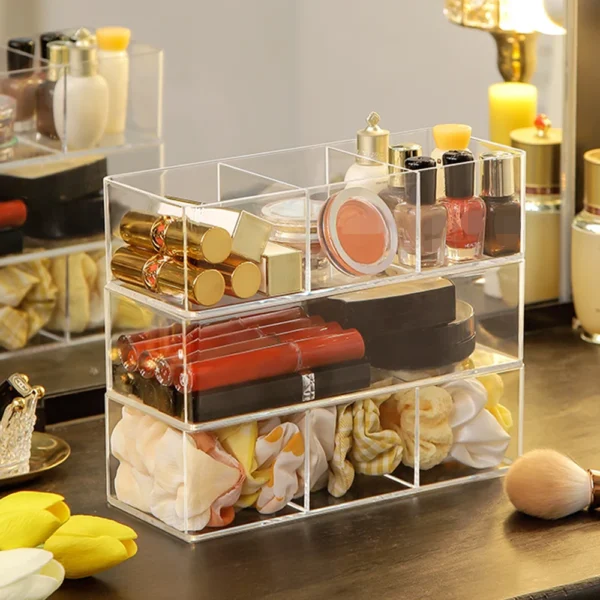 Clear Acrylic Makeup Layered Storage Box Dressing Table Cosmetic Lipstick Finishing Grid Box Desktop Drawer Storage Compartment - Image 7