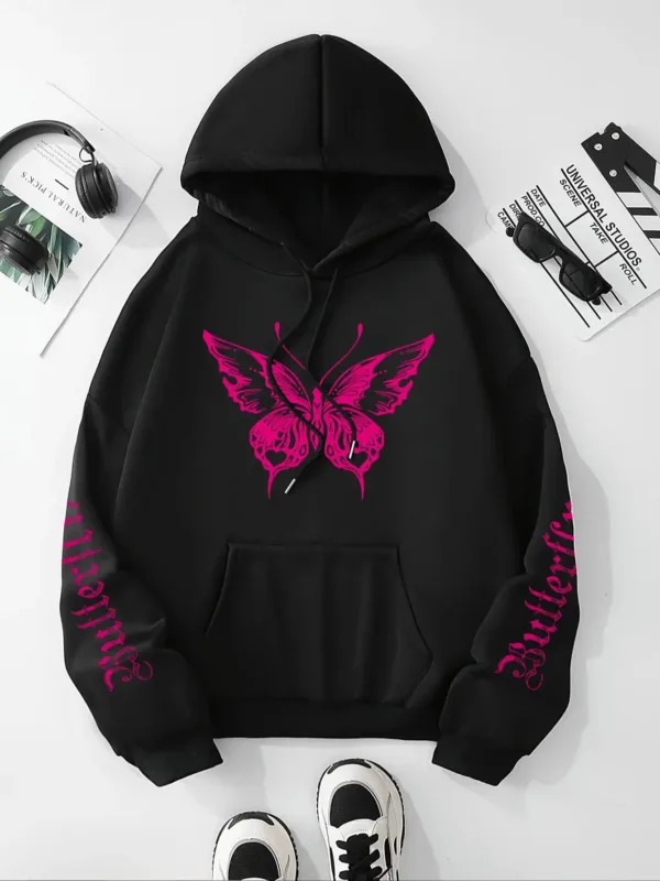 Butterfly & Letter Print Drawstring Hoodie, Casual Long Sleeve Kangaroo Pocket Hoodie Sweatshirt, Women's Clothing - Image 2