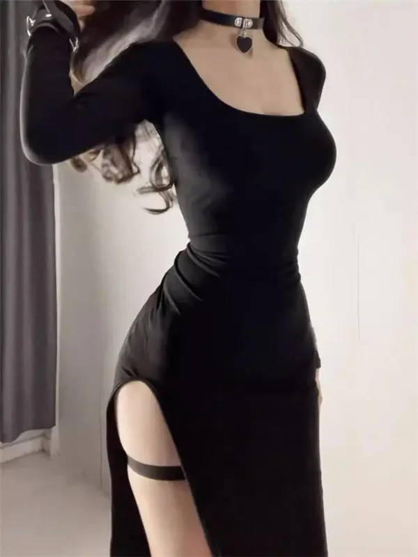 Sexy Side Slit Dress for Women Tight-fitting Wrap Hip Over-the-knee Long Sleeved Dresses Black Street Bodycon Spring Autumn - Image 4