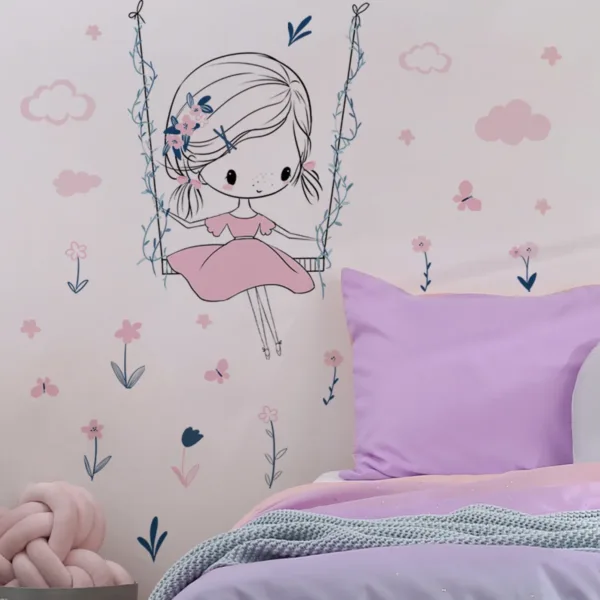 Pink Dress Little Girl Flower Butterfly Dandelion Wall Sticker Self-adhesive Removable Vinyl PVC Home Decor Living Room Bedroom - Image 2
