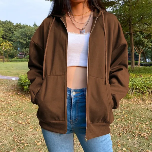 Autumn Fleece Hoodie Solid Color Hooded Korean Fashion Sweatshirts Long Sleeve Top Drawstring Pockets Loose Zipper Black Hoodies - Image 6