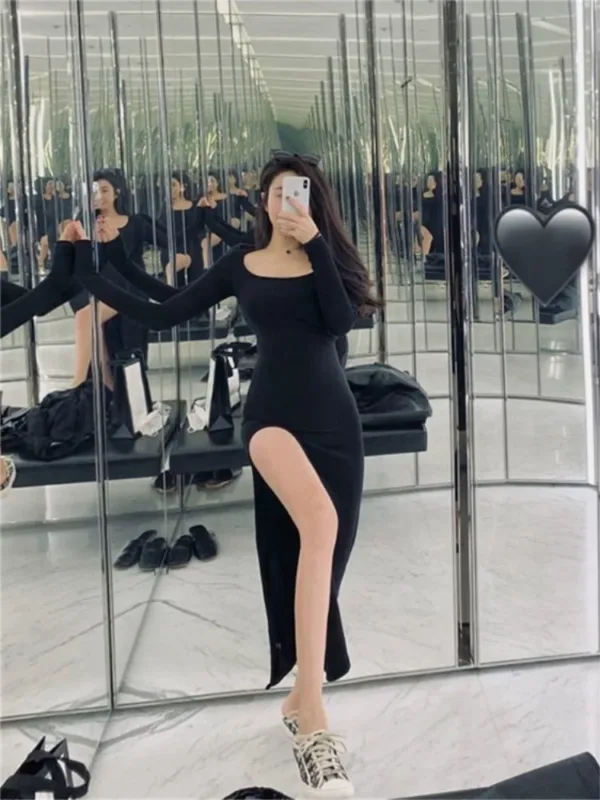 Sexy Side Slit Dress for Women Tight-fitting Wrap Hip Over-the-knee Long Sleeved Dresses Black Street Bodycon Spring Autumn - Image 3