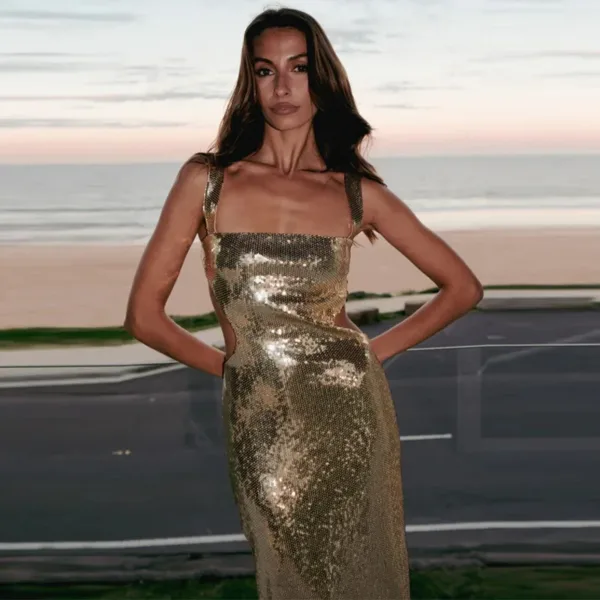 Sexy Sequin Hollow Out Sling Party Dress Women Slim Square Neck Sleeveless Backless Long Dresses 2024 Lady Evening Shinny Robe - Image 7