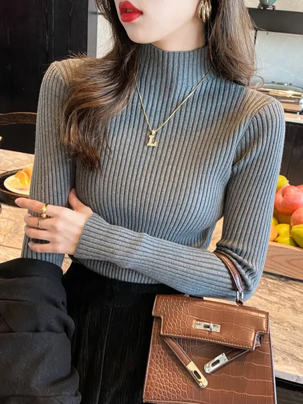 Elegant Solid Basic Knitted Tops Women Turtlneck Sweater Long Sleeve Casual Slim Pullover Korean Fashion Simple Chic Clothes - Image 3